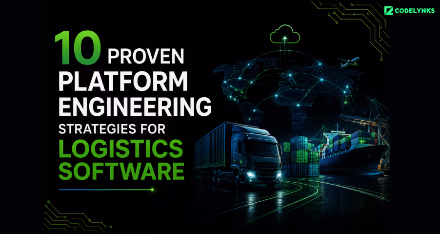 10 Proven Platform Engineering Strategies for Logistics Software featuring a digital logistics network, cargo truck, shipping containers, cargo vessel, cloud platform, and global supply chain connectivity.